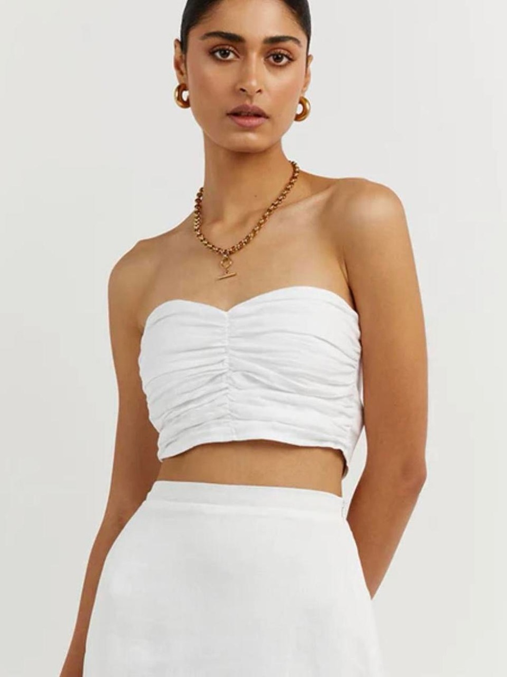 DISSH White Strapless Ruched Crop Top